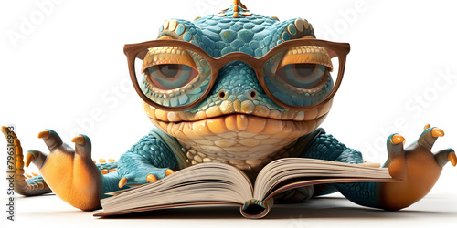 A close up of a lizard wearing glasses sitting on a pile of books generative ai 