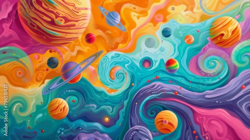 Colorful background with spirals and planets