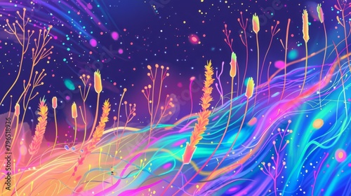 Colorful background with swaying reeds and shooting comets