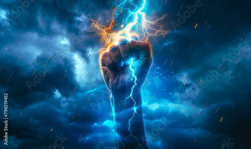 Powerful Lightning Bolt in Hand - Glowing Energy, Thunderstorm Backdrop, Zeus/Thor Theme