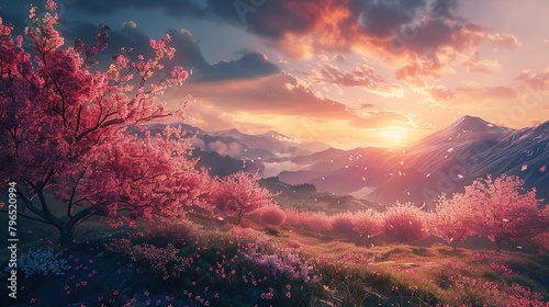 beautiful landscape with maple sakura cherry trees and mountains, beautiful lighting at sunset