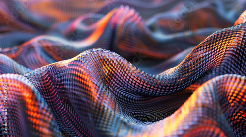 A detailed image of a fabric woven with magnetic shape memory fibers. The fabric can be stretched and molded into different shapes and configurations showcasing the potential