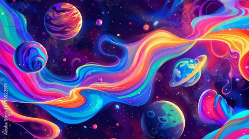 Colorful background with spirals and planets
