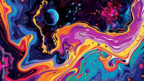 Colorful background with spiraling fractals and colliding black holes