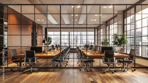 An empty office space filled with desks and chairs, devoid of people or activity