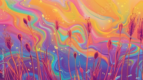 Colorful background with swaying reeds and shooting comets