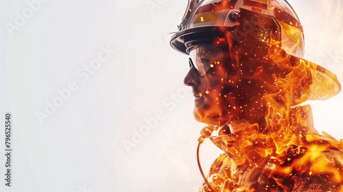 The double exposure image of a firefighter, looking forward, over the flames of a fire that superimposes the image. Showing courage and loyalty in their profession.