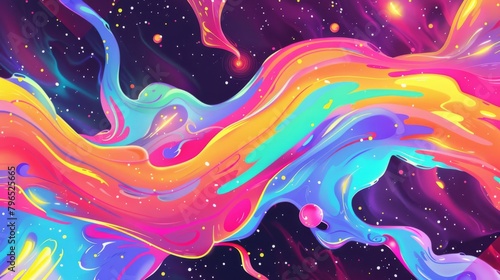Colorful background with looping ribbons and meteorites