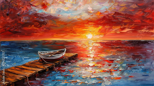 Impressionistic oil painting of a boat and jetty at sunset with vivid color reflections.