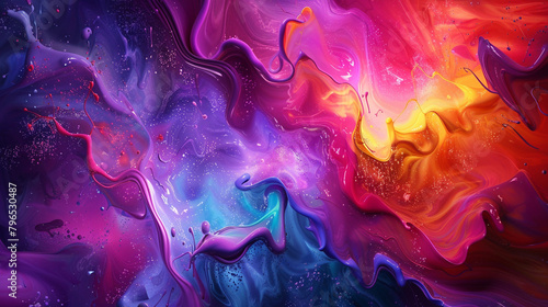Liquid colors collide and converge, swirling and mixing in a hypnotic display of fluid vector paint, reminiscent of a cosmic dance.