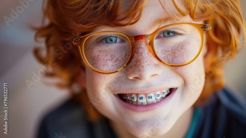 Positive red-haired curly boy with braces on his teeth close-up