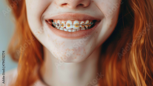 Positive red-haired girl with braces on her teeth close-up