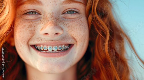 Positive red-haired girl with braces on her teeth close-up