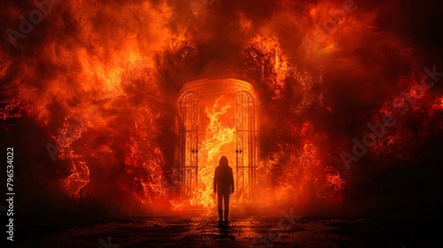 a person stands in front of the gate to the hell