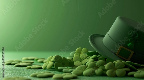 A green top hat laying on its side with green clovers spilling out of it on a green background.
