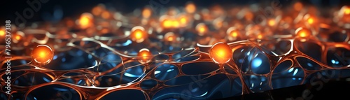 Spherical glowing orange nodes connected by a lattice structure with a blue background.