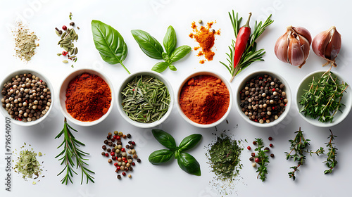 Fresh spices and herbs isolated on white background