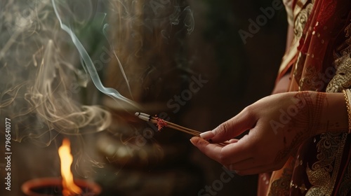 A close-up of a woman's hand holding a traditional Indian incense stick, symbolizing the offering made during the Vrat.