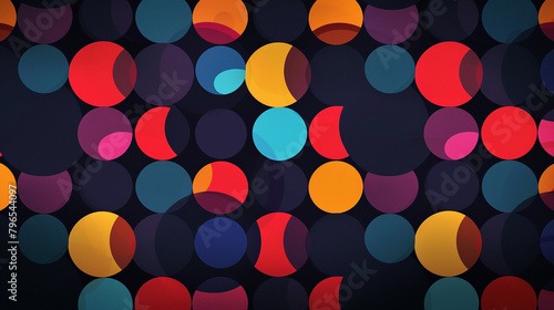 Retro-style polka dots in vibrant geometric patterns against a dark backdrop.