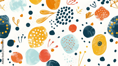 Whimsical polka dots with playful shapes on white, great for fabric prints.