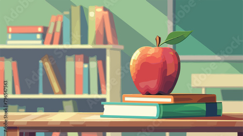 Apple with school books on table in classroom Vectot
