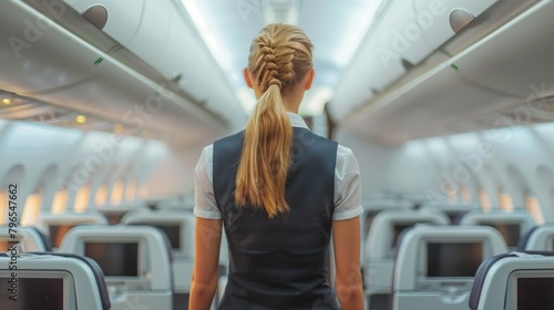 Flight attendant walking down the aisle of a commercial airplane with empty seats