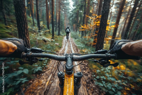 Cyclist enjoying a serene ride on a forest trail, immersed in lush greenery