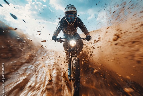 Intense image showing a motorcyclist powering through muddy terrain with mud flying, emphasizing the raw power of off-road biking