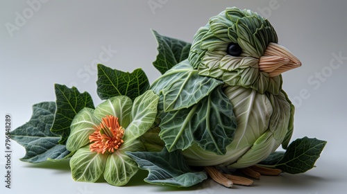 A bird made of green cabbage leaves and a flower made of cabbage leaves