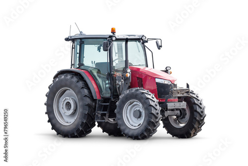 Modern red wheeled tractor isolated