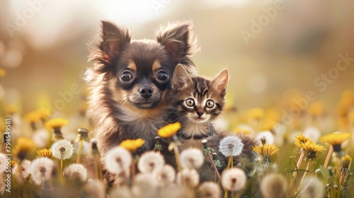A puppy Chihuahua and a kitten standing together on a grass field with flowers