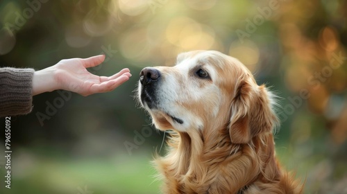 A lovely golden retriever looks at the hand of its owner