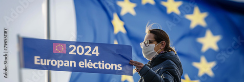 A woman in a mask with a European Union EU flag background