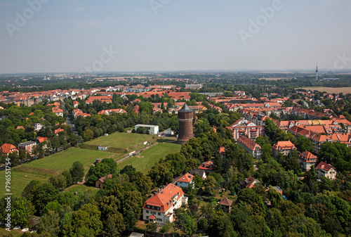 Aerial view of the Zweinaundorf district of Leipzig, Saxony, Germany at sunset