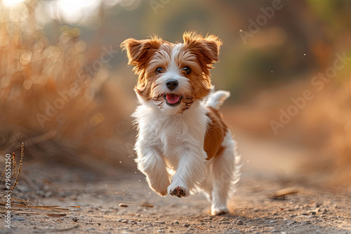 A cute dog is running in the park