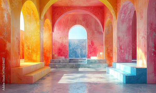 Colorful 3D rendering of an arched hallway with a blue sky