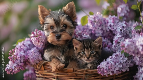 A little Yorkshire Terrier puppy and a tiny kitten cuddle together in a basket surrounded by beautiful lilacs