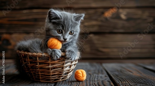 A fluffy, gray kitty plays with a bright orange ball of yarn against a dark wooden background. A basket filled with colorful knitting balls rests nearby