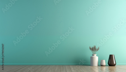 Two ceramic vases sit on a wooden floor in front of a mint green wall