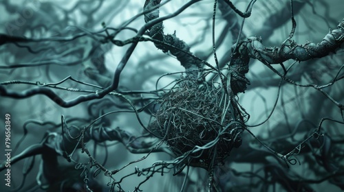 A tangled mass of wires and branches with a small nest in the middle