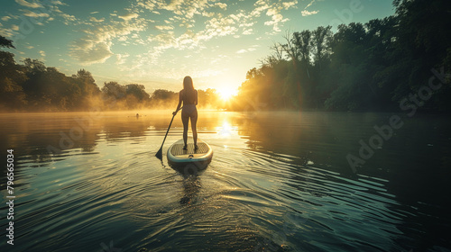 A woman paddling a stand-up paddle board on a calm lake.