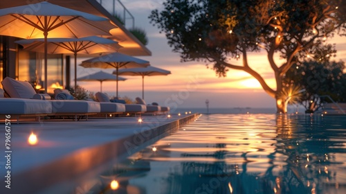 Tranquil poolside at dusk, ideal for showcasing luxury resort amenities