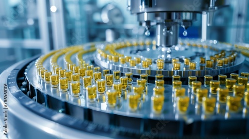 High-tech pharmaceutical manufacturing with numerous vials on a conveyor system in a factory setting.