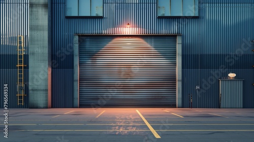 Modern industrial warehouse exterior with a closed rolling metal door illuminated by a single light.