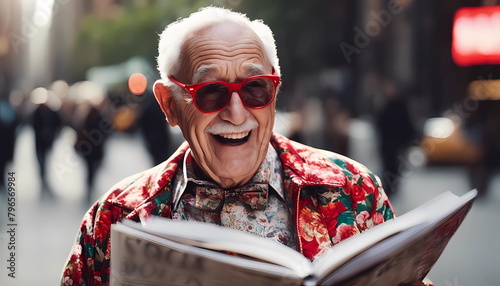 Laughing elderly couple in floral jacket and red glasses reads fake news