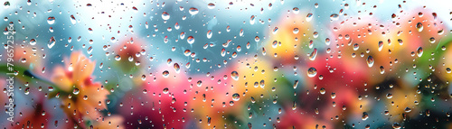 A floralpatterned podium with a soft, artistic blur of raindrops on a window overlooking a garden