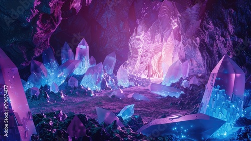 A cave filled with purple crystals and rocks