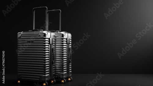 Two modern metallic silver suitcases with sturdy wheels stand on a dark gray background.