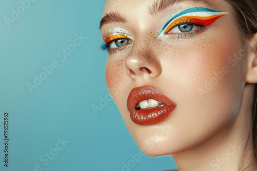 Bold and colorful makeup look featuring graphic eyeliner on a young woman's face against a blue background.