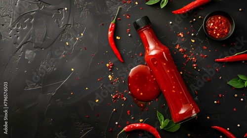 Richly colored hot chili sauce in a bottle, surrounded by fresh red chili peppers, spices, and basil leaves on a dark, textured surface.